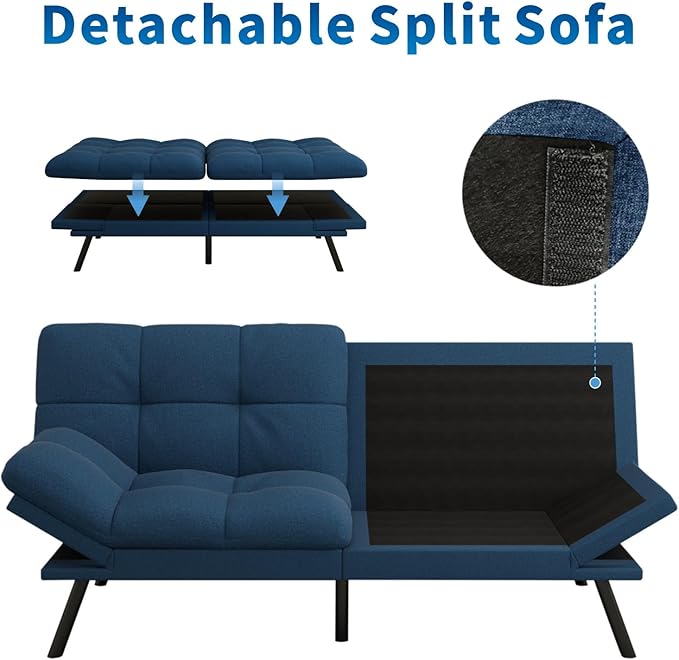 MUUEGM Futon Sofa Bed 71 Convertible Linen Memory Foam Couch Bed Modern Backrests Armrests Love Seat for Living RoomApartmentOfficeBlue Sleeper Couch