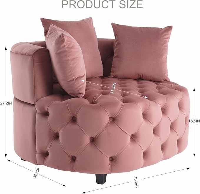 Round Accent Chair 40” Modern Velvet Sofa Chair with 3 Pillows Comfy Upholstered Tufted Club Lounge Chair for Living Room Bedroom Pink