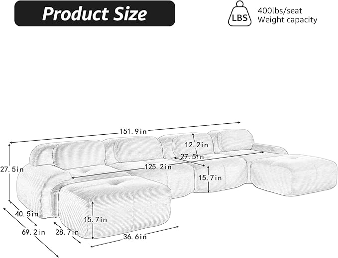 152 Modern Boneless Couches for Living Room Corduroy Cloud Couch Sectional Black Modular Sectional Sofa 4 Seater with 2 Ottoman Sofas para Sala U Shaped Couch (Black 4+2 Set)