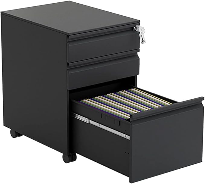 File Cabinet 3 Drawer Metal Mobile File Cabinet with Lock Under Desk Storage(Color:Black)