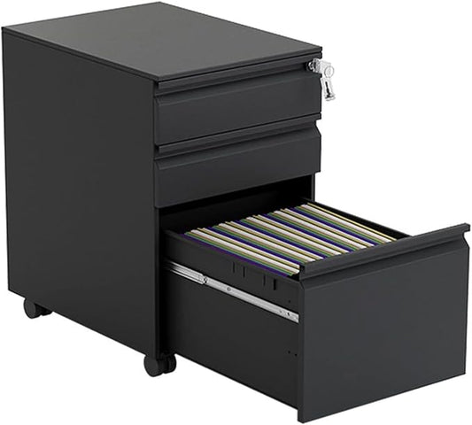 File Cabinet 3 Drawer Metal Mobile File Cabinet with Lock Under Desk Storage(Color:Black)
