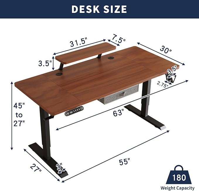 Electric Standing Desk with Drawer 63x30 Inches Height Adjustable Sit Stand Up Desk with Storage Shelf Home Office Desk Computer Workstation with Walnut Top/Black Frame