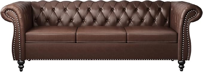 Modern 3 Seater Couch Large Sofa Furniture Roll Arm Classic Tufted Chesterfield Settee Leather Sofa with Channel Tufted Seat Back for Living Room Dark Brown PU