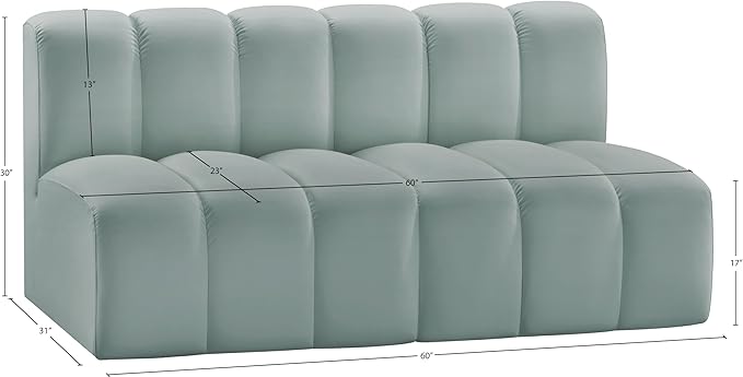 Meridian Furniture 101Mint-S2A Arc Collection Modern | Contemporary Modular Sofa with Soft Mint Green Vegan Leather Deep Channel Tufting Modular 60 W x 31 D x 30 H Mint