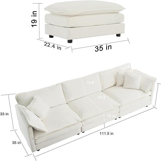 kevinplus 111.5'' White Modular Sectional Sofa Couch L-Shaped with Ottoman for Living Room Modern Contemporary Sofa Couch for Apartment Office Chenille Fabric (3-Seat Couch + 1 Ottoman)