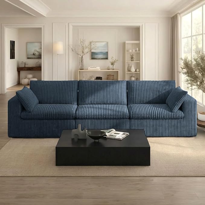 118.2 Oversized 3-Seater Modular Sectional Sofa Modern Comfy Plush Corduroy Upholstered Boneless Couch No Assembly Required Fluffy Deep Seat Cloud Couch for Living Room (Blue 3 Seater)