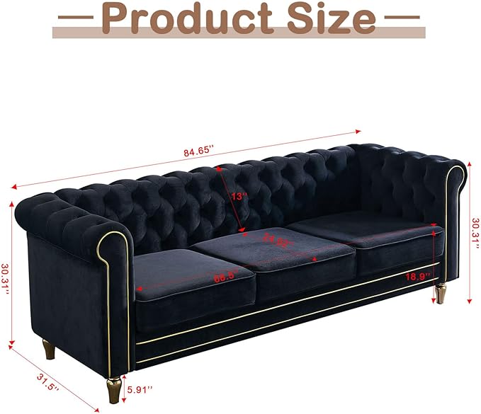 84 Velvet Sofa with Gold Legs Luxury Tufted Couch for Living Room Chesterfield Sofa with Thick Cushion Wide Armrest High-Density Foam Gold Strip Trim (Black)