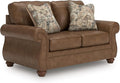 Signature Design by Ashley Shadsburne Rustic Faux Leather Loveseat with Nailhead Trim and 2 Throw Pillows Brown