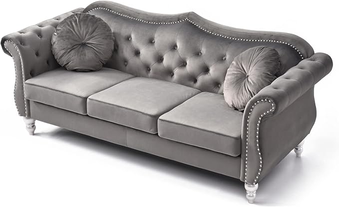 Maykoosh Velvet Sectional Sofa Tufted Living Room Couch Ruched Arm Style - 82 Wide Dark Gray