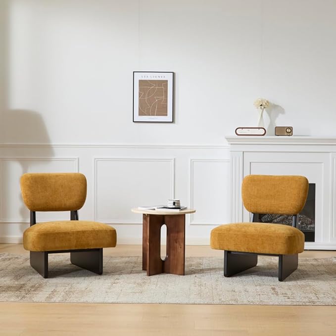 [Set of 2] Modern Beige Lounge Chair with Polyester Upholstery Sturdy Black Wood Base Stylish and Comfortable Accent Seating for Living Room (Black + Yellow + Polyester + Solid Wood)