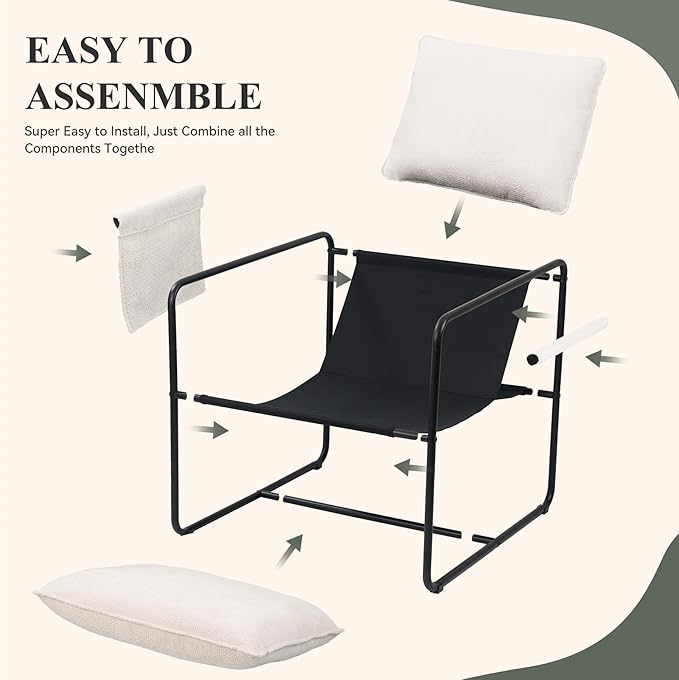 Accent Chair with Metal Frame Upholstered Living Room Chairs with Cushions Comfy Reading Armchair for Bedroom Beige