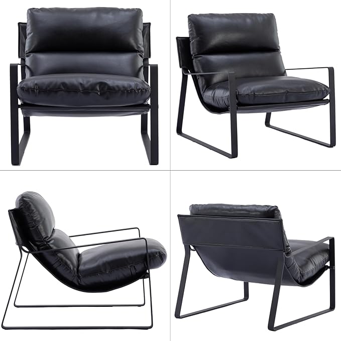 CIMOTA Modern Accent Chair Black PU Leather Upholstered Lounge Armchair with Black Metal Frame for Living Room Bedroom Office 1PC