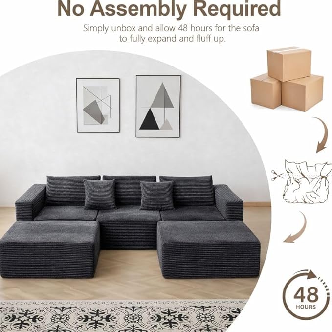 110 Modular Boneless Sectional Couch Corduroy Cloud Sofa with 2 Ottomans 3-5 Seater U-Shaped Memory Foam Sofa for Living Room Deep Seats No Assembly Gery