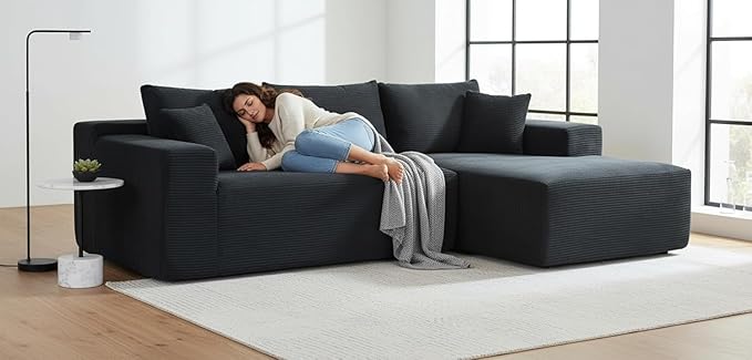 Ridge 2-Piece Convertible Corduroy L-Shaped Sofa in a Box with Pillows 3-Seater Modular Sectional Couch Compressed Living Room Furniture Black (Right Facing)
