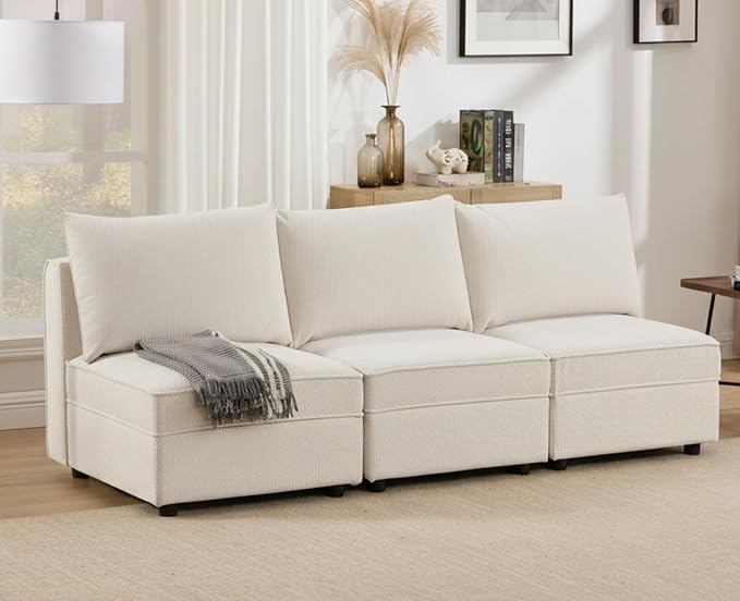 90 Inch Modular Sectional Sofa Couch 3 Seater Sofa with Storage Place Modern Cozy Cloud Convertible Sofa Couch for Living Room/Apartment Chenille Fabric Beige
