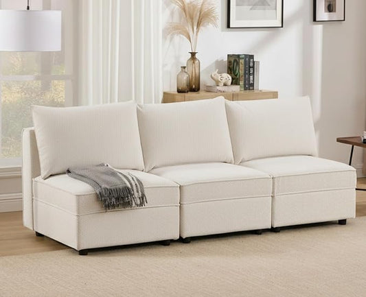 90 Inch Modular Sectional Sofa Couch 3 Seater Sofa with Storage Place Modern Cozy Cloud Convertible Sofa Couch for Living Room/Apartment Chenille Fabric Beige