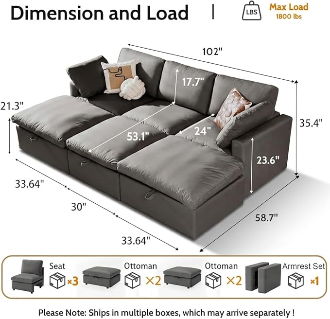 WEUP 102 Faux Leather Modular Sectional Couch 6 Seat Sleeper Sofa Bed with Storage Ottomans Scratch Resistant Leather Sofa Spacious Deep Seat Mid Century Modern Couches for Living RoomGrey