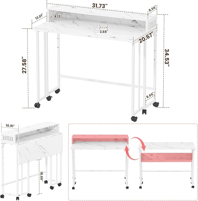 Gezen Folding Desk with Storage Shelf Mobile Couch Desk Sofa Side Table Bed for Home Office Small Space White Marble 31.5