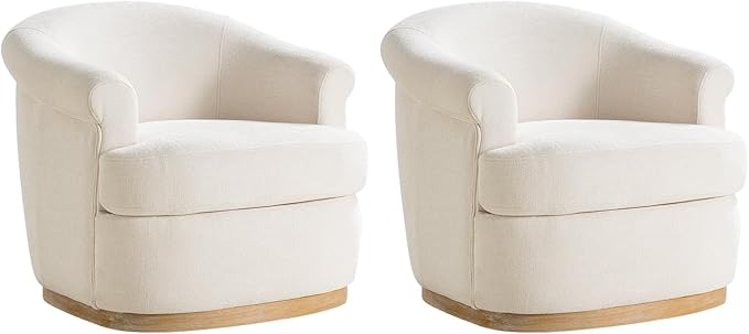 HULALA HOME Swivel Barrel Chair Set of 2 with Rolled Arms Upholstered Fabric Swivel Round Armchair with Removable Cushion Solid Wood Base for Living Room Bedroom Ivory