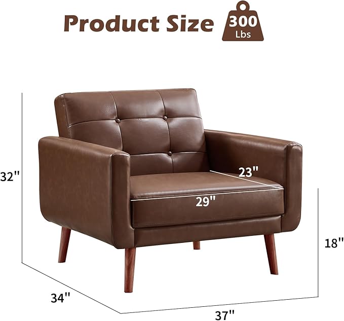 CANMOV 29 W Oversized Leather Accent Chair Set of 2 Mid Century Modern Accent Chairs Armchair Button Back for Living Room Modern Upholstered Bedroom Chair Cozy Armchair with Wood Legs Brown