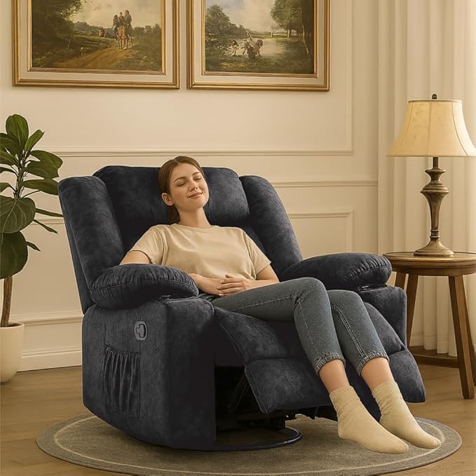 COMHOMA Recliner Chair360°Swivel Rocker Recliners with Cup Holders&ampSide PocketsManual Reclining Single SofaFabric Upholstered Lounge Chairs for Living RoomGray