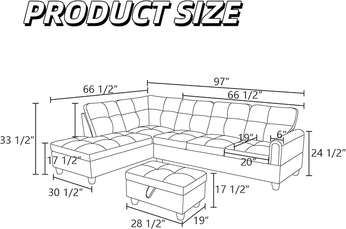 L-Shaped Sectional Sofa with Movable Chaise &amp Storage Ottoman Lounge 3-Piece Modular Convertible Couches for Living Room Apartment &amp Office Black