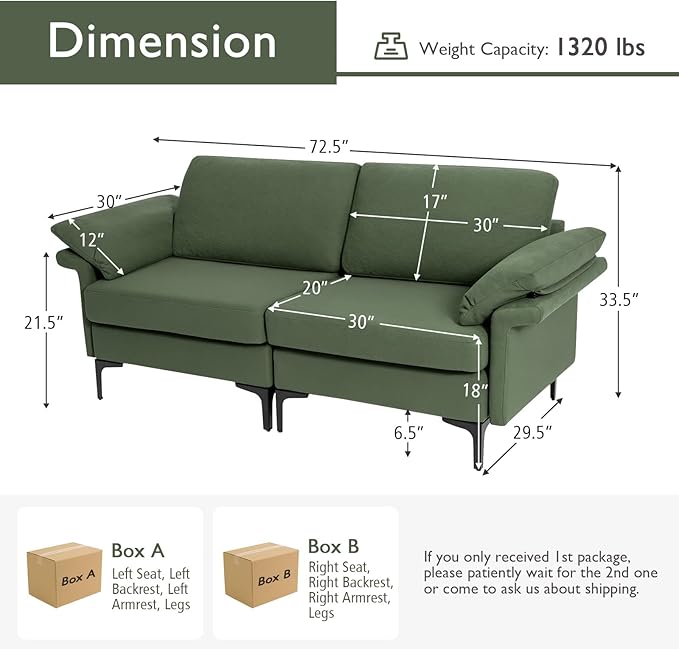 Giantex 72.5 L Loveseat 2-Seat Sofa Couch with Removable Armrest Pillows Metal Frame Legs Comfy Cushions Modern Furniture for Living Room Reception Room Office Easy Assembly Green