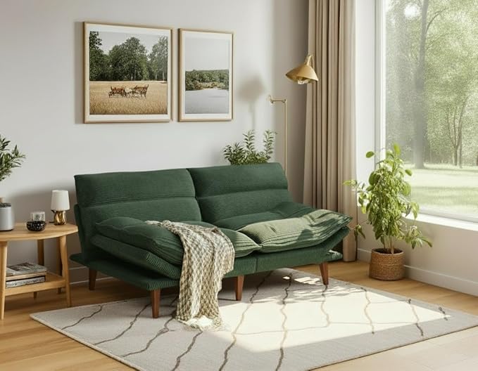 Amada Convertible Futon Sofa Bed - Corduroy Loveseat with Adjustable Backrest &amp Armrests Thickened Seat Cushion Small Space Sleeper Couch for Apartment Study Room &amp Office（Moss Green66 Inc
