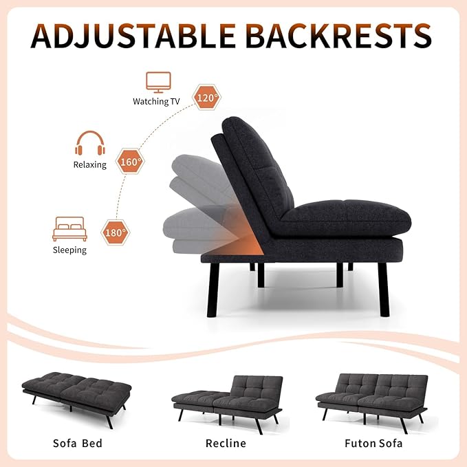 MUUEGM 68” Convertible Futon Sofa Bed Upholstered Small Futon Couches with Adjustable Backrest Loveseat Sleeper Bed for Compact Living Room Studio Office (Black)