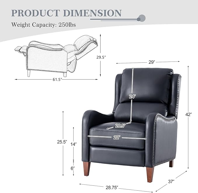 HULALA HOME Genuine Leather Recliner Chair Modern Push Back Recliner Armchair with Thick Seat Backrest &amp Footrest Nailhead Decor for Living Room Bedroom Navy