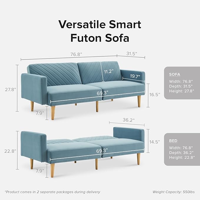 mopio 76.4 Futon Sofa Bed Couch Loveseat Sleeper Sofa Mid Century Modern Futon Couch Sofa Cama Couches for Living Room (Sky Blue Premium Velvet)