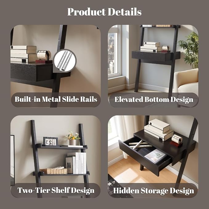 Ladder Desk with Drawer and Shelves Modern Home Office Desk with Bookcase Design Compact Writing Table Workspace for Small Spaces Handleless Design