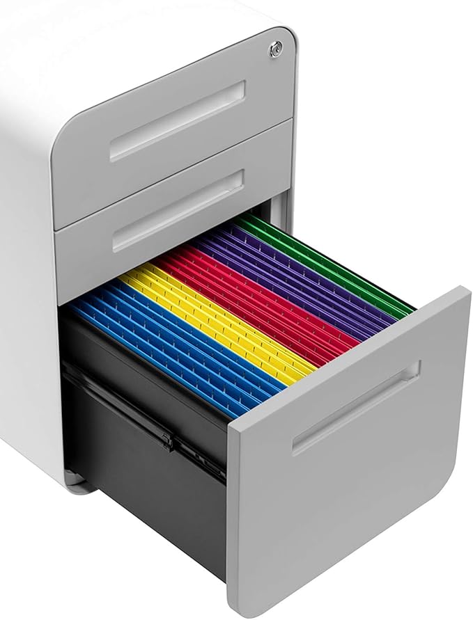 Laura Davidson Furniture Stockpile 3 Drawer File Cabinet with Lock - Under Office Desk Metal Filing Cabinet Legal/Letter File Folders Wheels and Stationary Feet Pre-Assembled Light Grey Faceplate