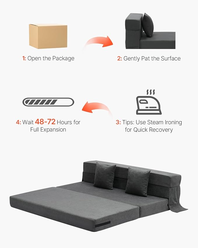 VEVOR Folding Sofa Bed 3-in-1 Foldable Couch Bed with 2 Pillows and Washable Cover 25D High Density Memory Foam Convertible Sleeper Chair Bed Futon Couch for Living Room Bedroom Dark Grey(Queen)