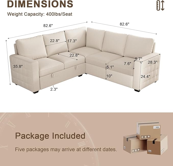 86 Inch Sectional Sleeper Sofa 5 Seat L Shaped Sleeper Sectional Couch with Pull Out Bed Convertible Sofa Bed with Storage for Living Room Apartment Modular Cloud Couches Beige