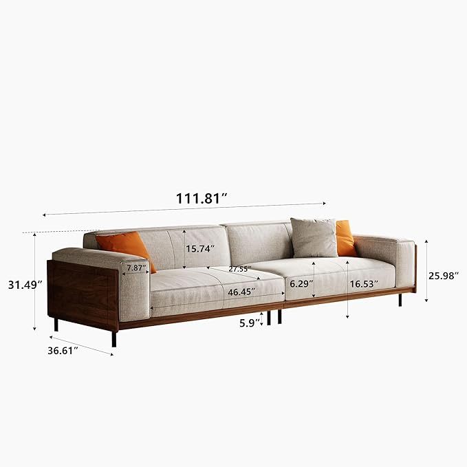111.81 in. Four-seat Removable Washable Cotton-Linen Fabric mid-Century Modern Sofa Square arms with Throw Pillows.