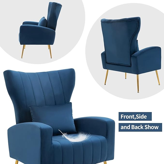 Velvet Accent Arm Chairs with Wingback &amp Lumbar Pillow Modern Armchair for Living Room Bedroom Guest Reception Side Chair for Office Gold Finish Navy Blue