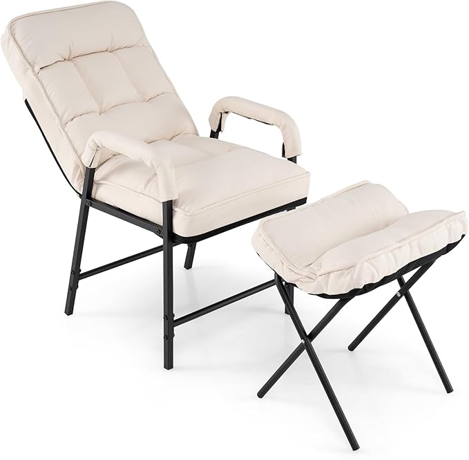 Giantex Modern Accent Chair with Ottoman Upholstered Arm Chair with Adjustable Backrest &amp Solid Metal Frame Linen Fabric Single Sofa Chair and Footrest Set for Bedroom Living Room (Beige)