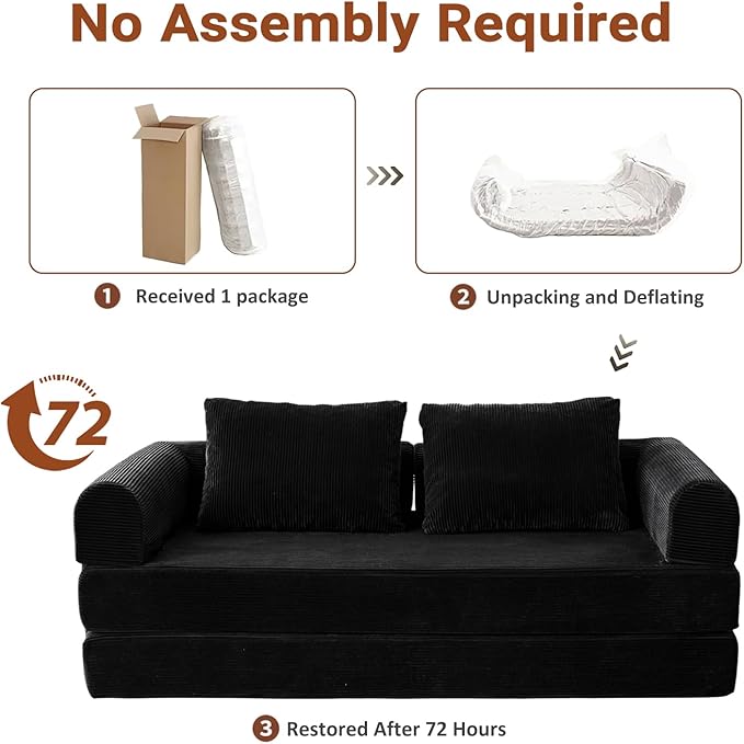 79 Convertible Sofa Bed 5-in-1Boneless Couch for Living Room with 2 Pillows Corduroy Folding Sleeper Sofa Bed Boneless Cloud Loveseat Futon Sofa Bed for Living Room Bedroom Lounge Black