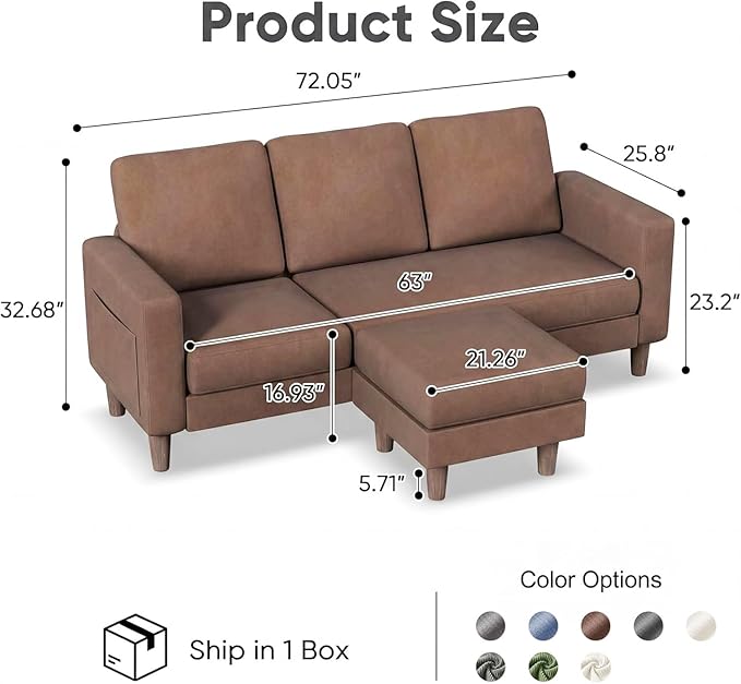 Homall 3 Seat Couch L Shape Sofa with Side Storage Pockage Sectional Couches with Reversible Ottoma Upholstered Sofa for Living Room and Small Spaces (Linen Fabric Coffee Brown)