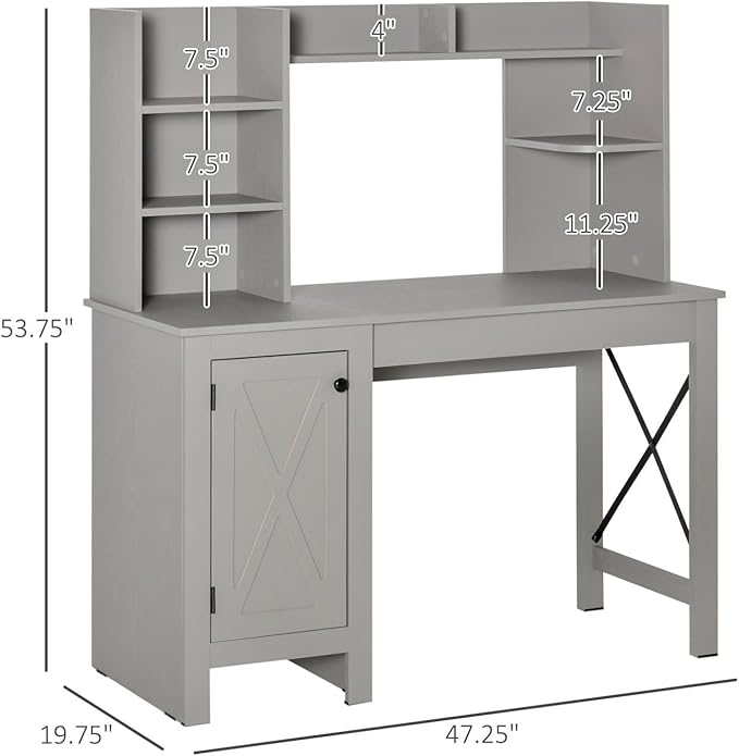 Farmhouse Computer Desk with Hutch &amp Cabinet: Light Grey Home Office Desk with Spacious Storage