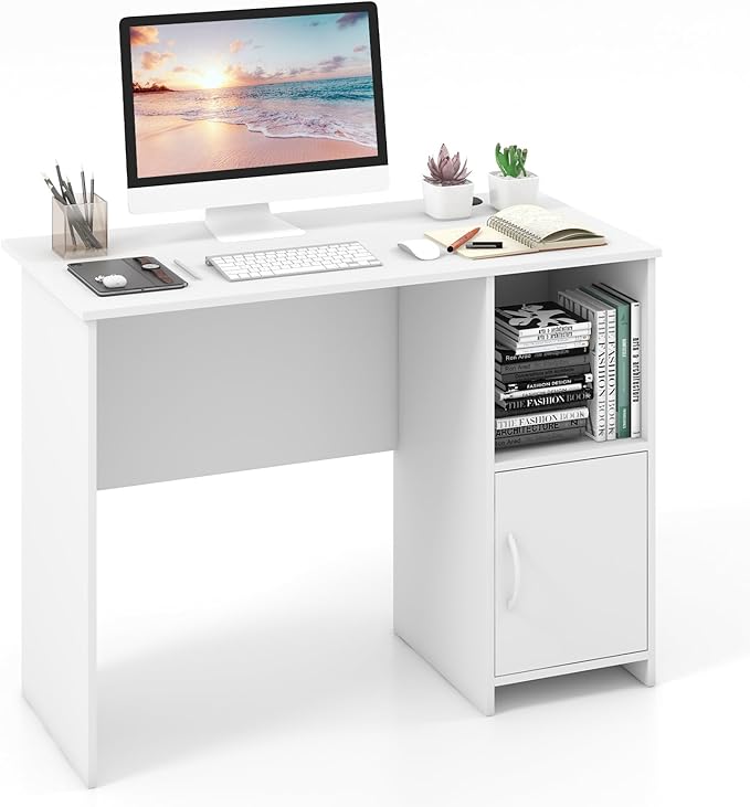 COSTWAY 42” White Home Office Desk Modern Computer Workstation with Open Compartment &amp Cabinet Compact Writing Desk with Cable Holes for Bedroom Study Room Dorm