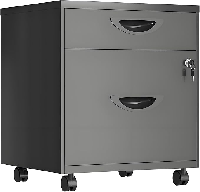 2 Drawer Under Desk File Cabinet Mobile File Cabinet with Lock Rolling Metal Pedestal Cabinet for Home Office Fits A4/Letter Size Files (Fully Assembled - Black)
