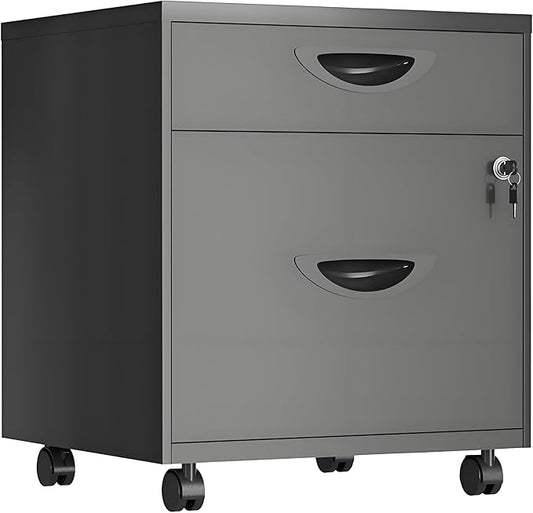 2 Drawer Under Desk File Cabinet Mobile File Cabinet with Lock Rolling Metal Pedestal Cabinet for Home Office Fits A4/Letter Size Files (Fully Assembled - Black)