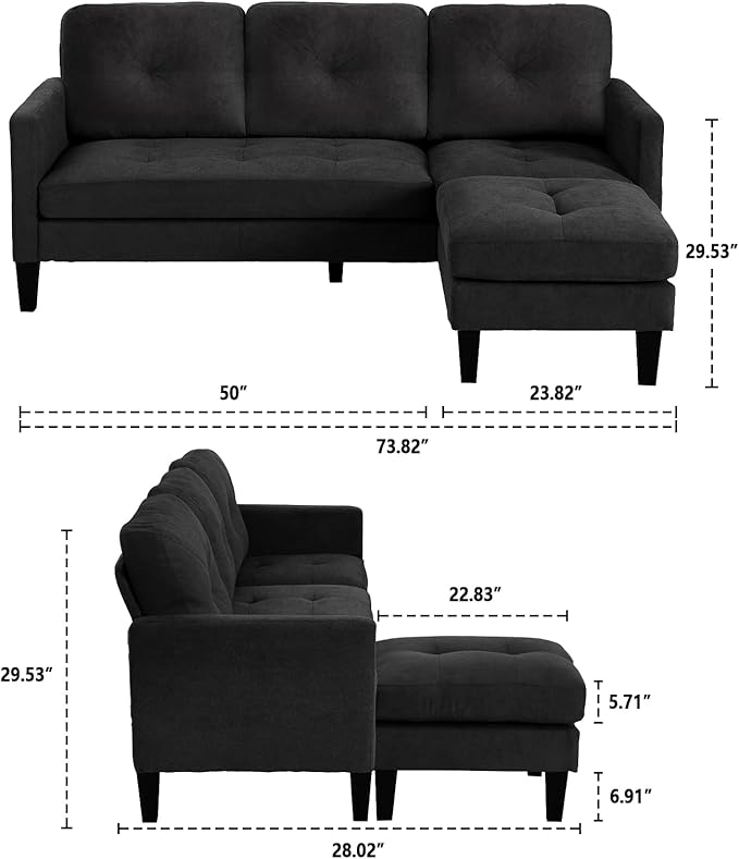 MAGIC UNION Sectional Sofa Set Convertible L-Shape Couch with Reversible Ottoman Modern Linen Fabric Sofa for Small Living Room Apartment Office (Black)