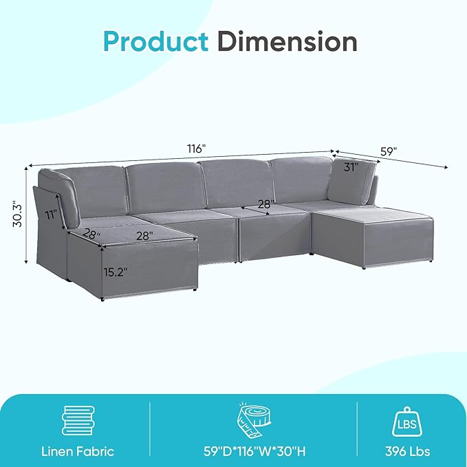 CECER Modular Sectional Sofa U Shaped Convertible Couch Sofa with Reversible Chaises Queen Sleeper Sofa Modular Oversized Sofa Couches for Living Room (Light Grey)