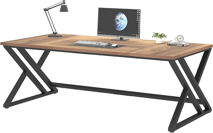 LVB Rustic Large Computer Desk Extra Long Industrial Home Office Desk Wood Pc Writing Work Study Computer Table Desk Farmhouse Workstation Gaming Executive Desk for 2 Person Rustic Oak 78.7 Inch