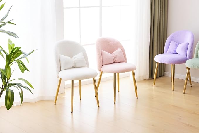 VINGLI Fluffy Girls Vanity Chair with Back &amp PillowCute Small Cozy Desk Chair No WheelsComfy Makeup Ch with Ajustable Gold Legsfor BedroomLiving RoomSmall SpacePink