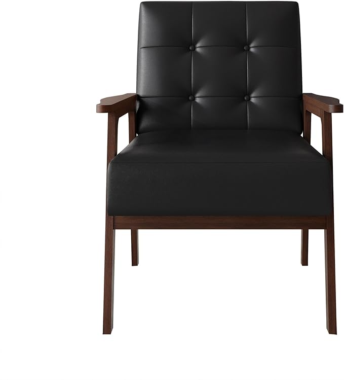 Accent Chair with Button-Tufted Polyurethane Upholstery Wooden Armrests Cushioned Seat Easy Assembly Black