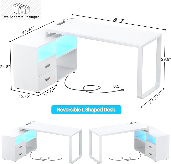 Homieasy L Shaped Desk with File Cabinet &amp Power Outlet Reversible 55 Inch Large Corner Computer Desks with LED Strip L-Shaped Desk with Drawers and Storage Shelves for Home Office White